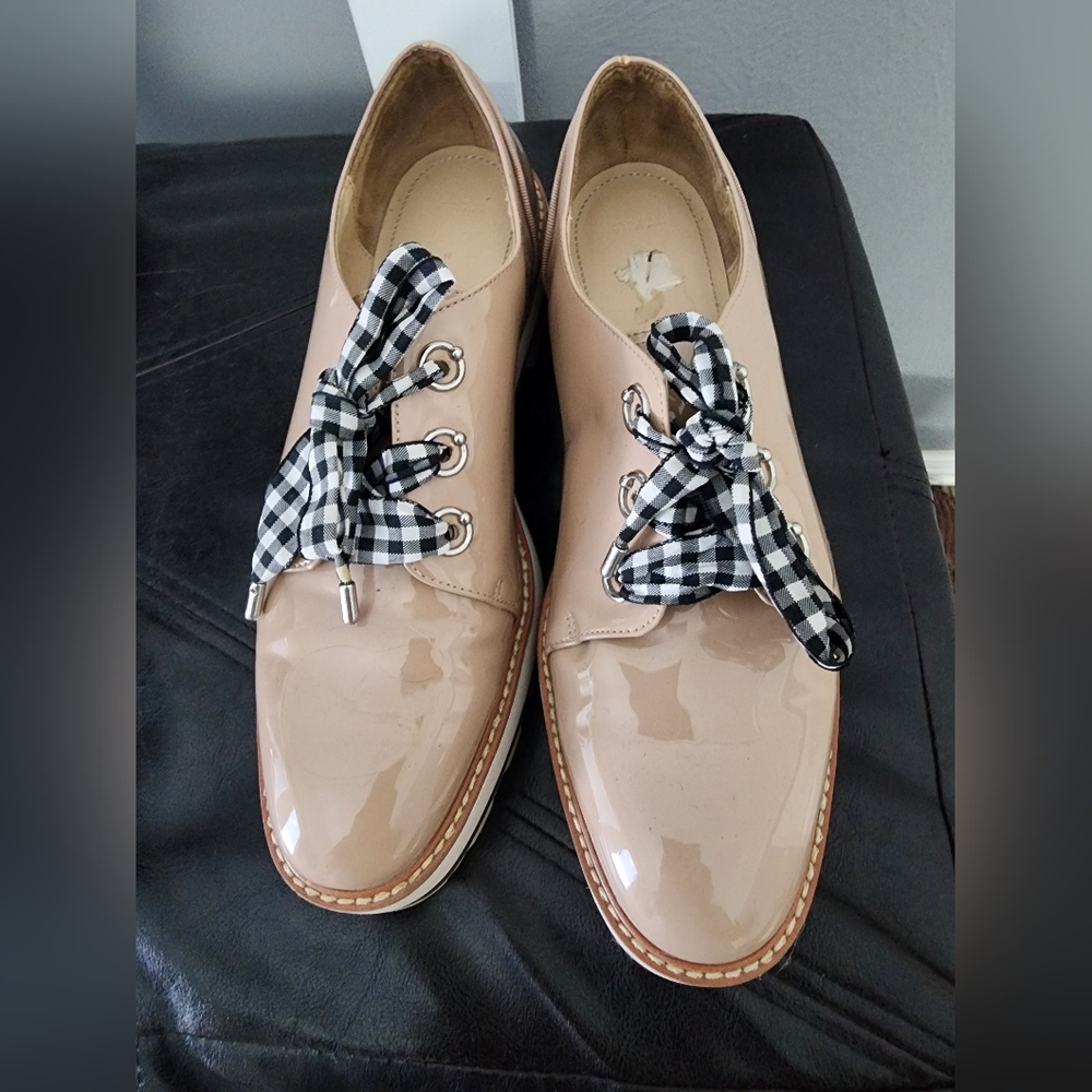 Zara Faux Patent Leather Derby Platform Oxfords Gingham Bow Detail Size 41
